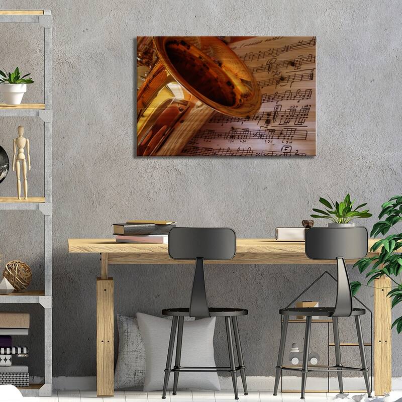 Gold Saxophone Print On Wood by Unknown Artist - Multi-Color
