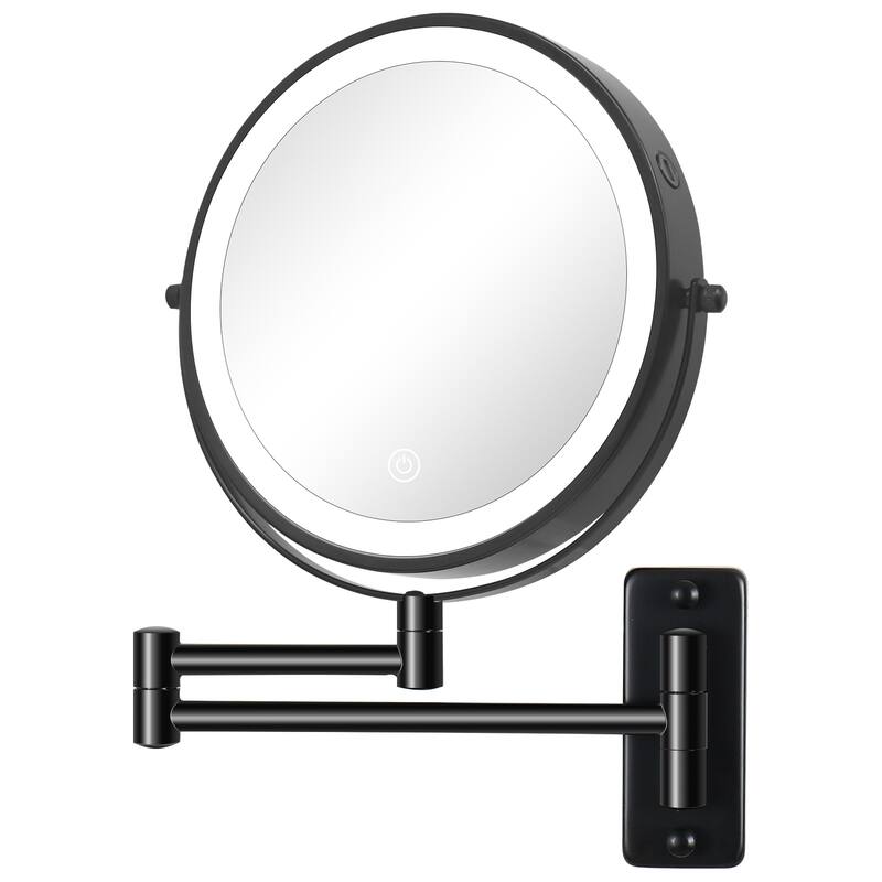 3 Color LED Light Wall Mounted Makeup Mirror, 1x/10x HD Magnifying Double-Sided Mirror, Extension Arm, Built-in Battery - Black