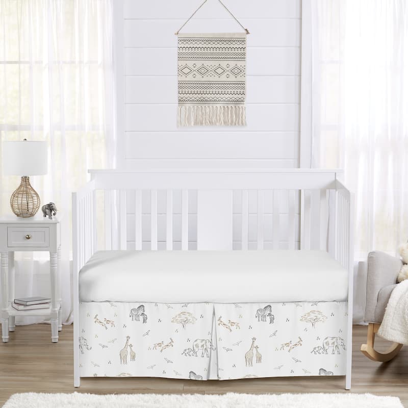 Jungle Safari Animals Crib Bed Skirt Brown Taupe Black and White Gender Neutral Elephant Giraffe Wildlife Adventure Serengeti