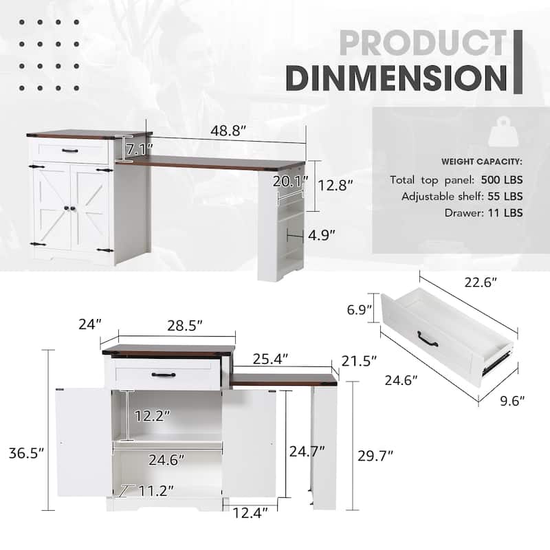 Expandable Drop-Leaf Dining Table with Storage and Built-In Power Outlet
