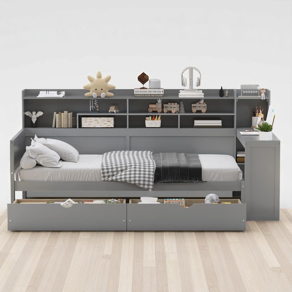 Multi-Functional Gray Twin/Full Size Daybed with Storage Shelves, Drawers, and Foot-End Study Desk