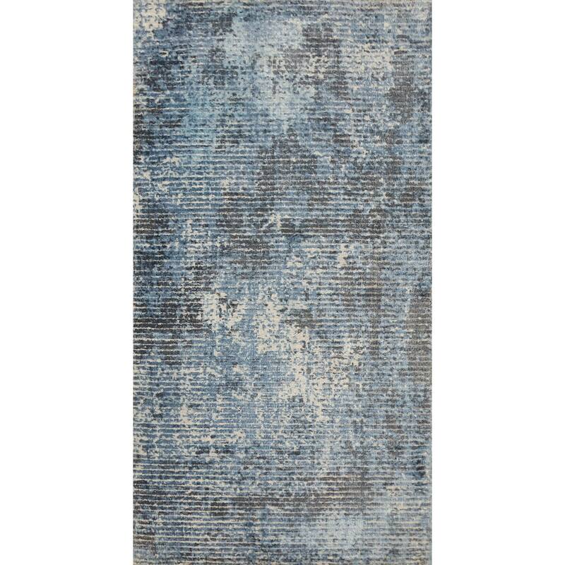 Hand Knotted Oriental Viscose Silk Carpet Modern Abstract Navy Blue & Blues Abstract Area Rug - 4' 0'' X 2' 0''