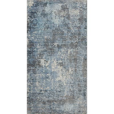 Hand Knotted Oriental Viscose Silk Carpet Modern Abstract Navy Blue & Blues Abstract Area Rug - 4' 0'' X 2' 0''