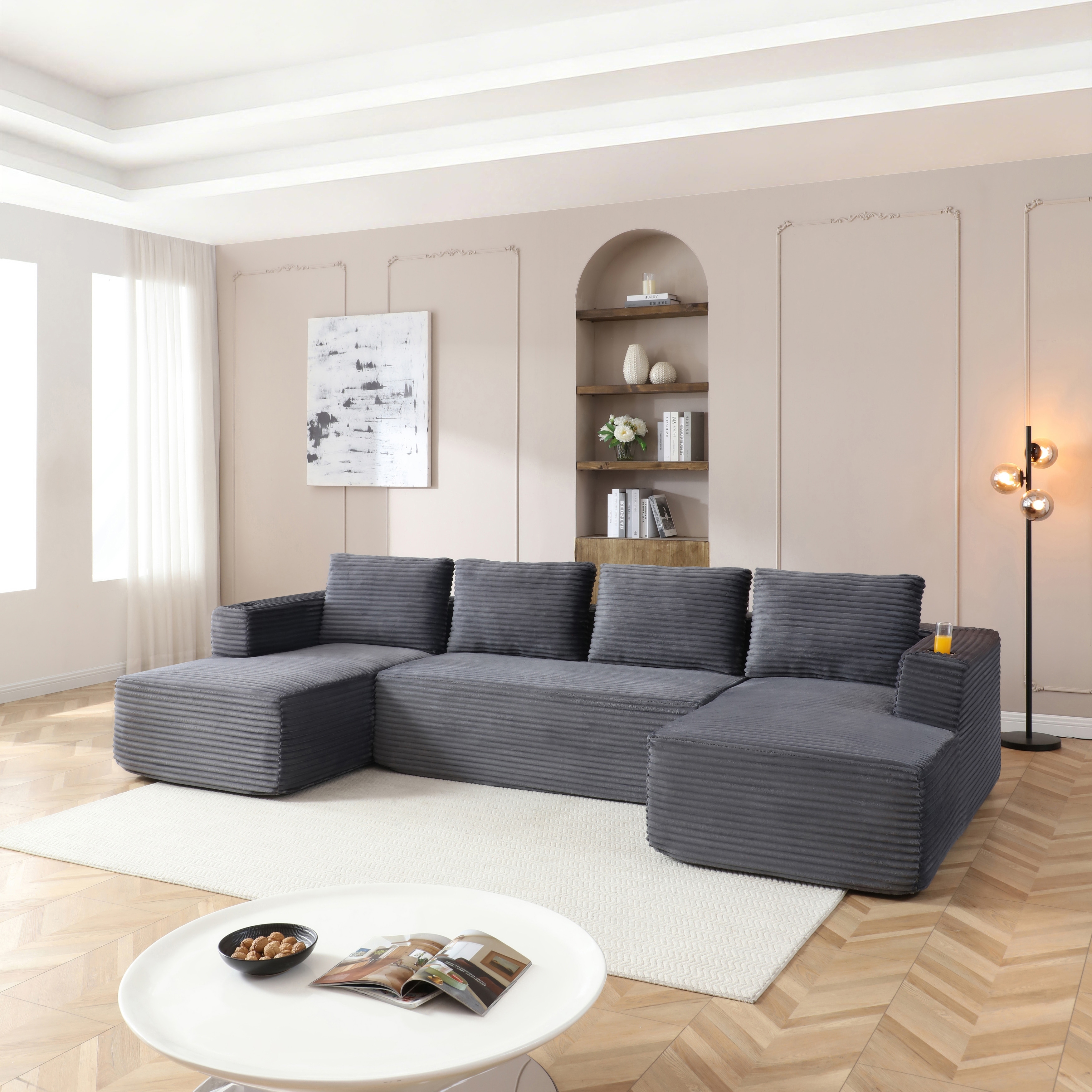 132" Oversized Lazy Cloud Boneless Sofa Couch with Chaise and 2 Cupholders