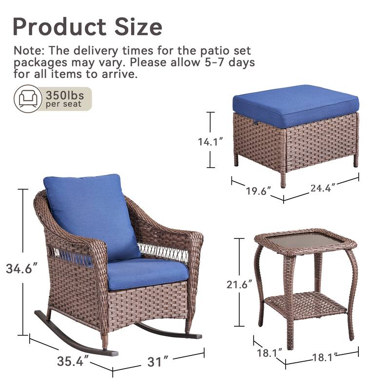 Pocassy Outdoor Rocker Chairs Patio Funiture Set - Brown & Blue