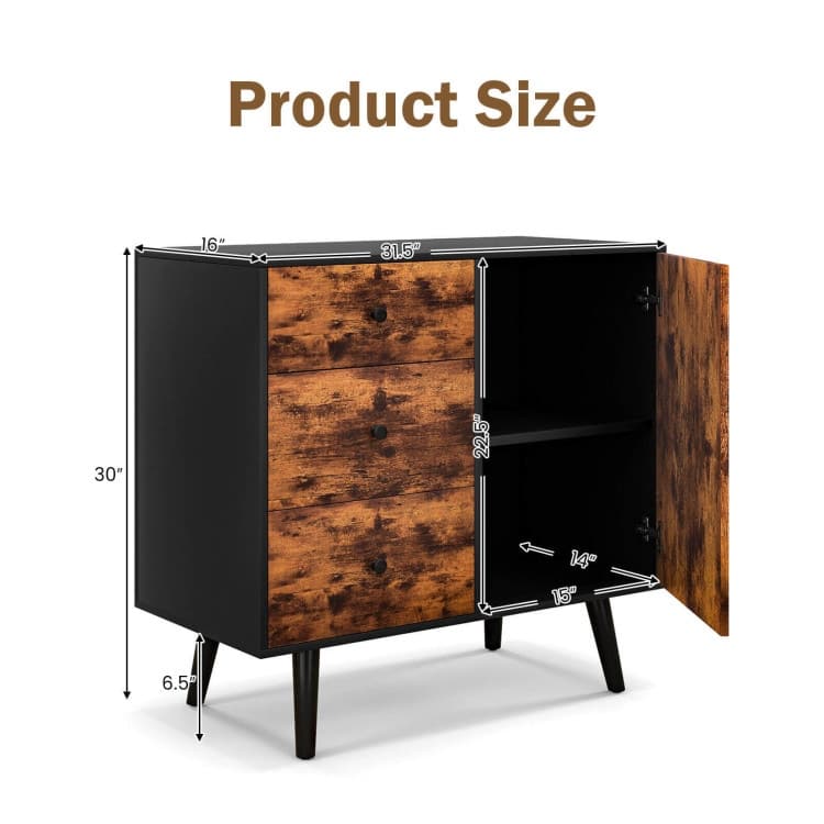 Mid-Century Wood Storage Cabinet with Door and 3 Drawers - 31" x 16" x 30" (L x W x H)