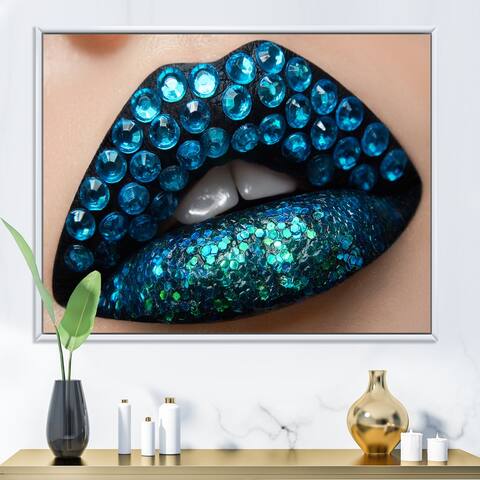 Designart "Female Lips With Black Lipstick Blue Diamonds" Modern Framed Canvas Wall Art Print