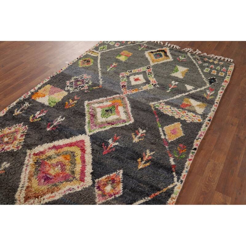 Hand Knotted Oriental 100% Wool Carpet Modern Tribal Greys & Charcoal Moroccan Area Rug - 6' 11'' X 4' 1''