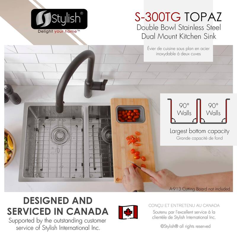 Stylish Dual Mount 28" Double-Bowl Stainless Steel Kitchen Sink S-300TG - 28" x 18" x 10"