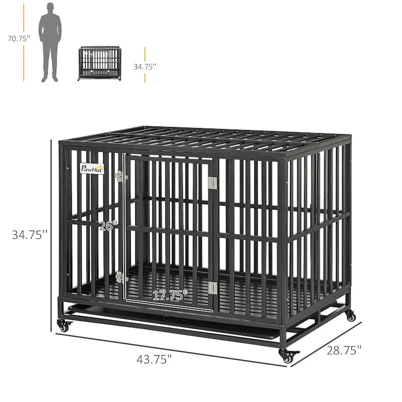 Heavy Duty Dog Crate with Lockable Wheels, Large Metal Dog Kennel Cage for Large Dogs, Pet Crate with Removable Tray