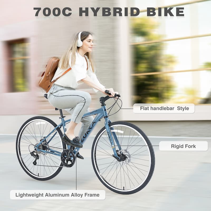 Shimano 7 Speed Hybrid Bike 700C Road Cycling Bicycle, Urban Commuter Bicycles with Double Disc Brakes, Aluminum Alloy Frame