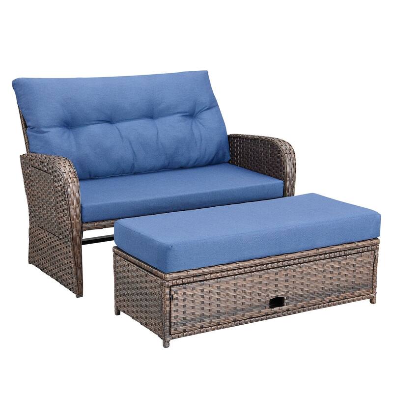 Chaise Lounge Outdoor Double PE Wicker Rattan Patio Reclining Chair - Brown