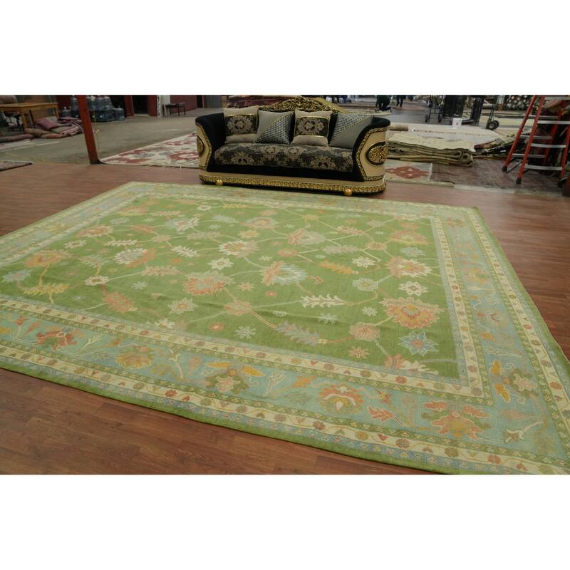 Floral Green Oushak Vegetable Dye Large Rug, Floral Geometric Carpet - 14' 10'' X 11' 10''