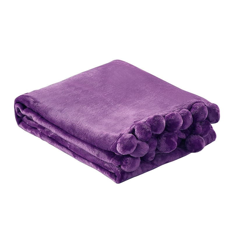 Pompom Flannel Fleece Throw
