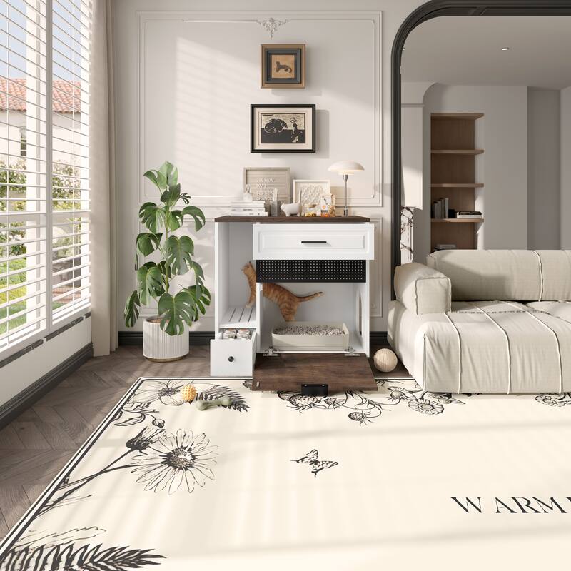 Indoor Hidden Cat Litter Box Enclosure Furniture with 2 Drawers & Door - Cat House End Table, White and Brown