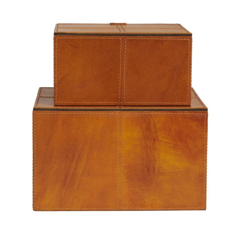 Leather Handmade Decorative Box with Hinged Lid - Set of 2 Gray, Brown, Dark Brown, Gold, Silver - Roche River Decor
