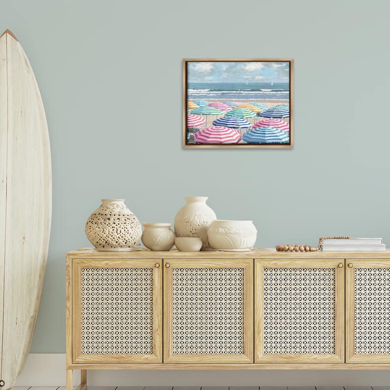 Stupell Shore with Bright Umbrellas Framed Floater Canvas Wall Art Design By Amber Sterling