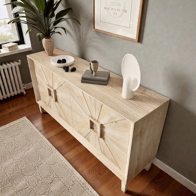 60'' Rustic American Farmhouse Credenza with Sunburst Doors, Antique Wood TV Stand with Adjustable Shelves