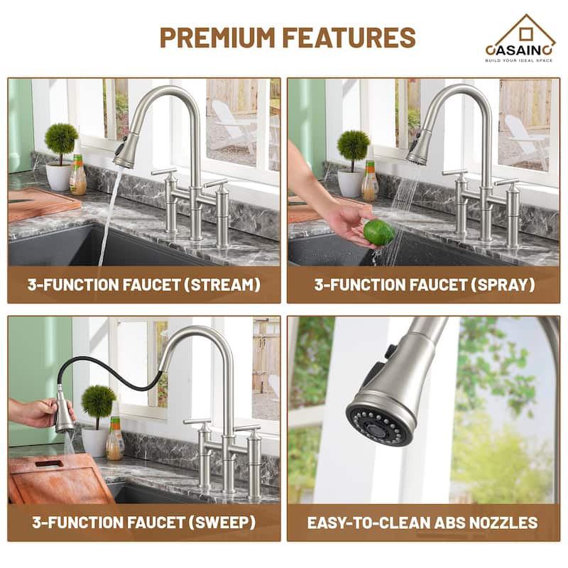 Double Handle Bridge Pull-Down Sprayhead Kitchen Faucet