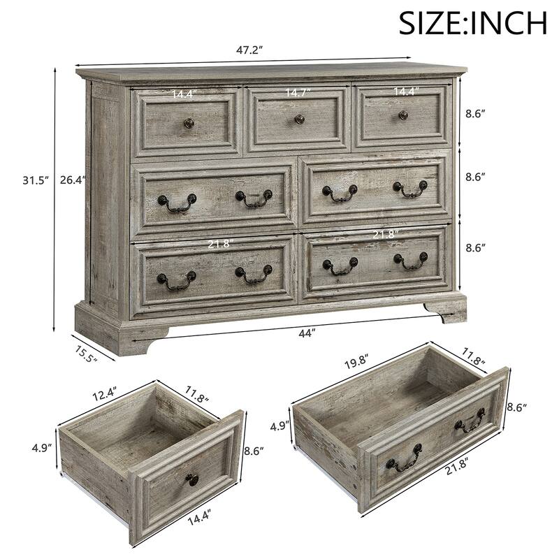 Farmhouse 7 Drawer Dresser, Rustic Wooden Chest of Drawers with Vintage Handles, Storage Organizer for Bedroom and Hallway