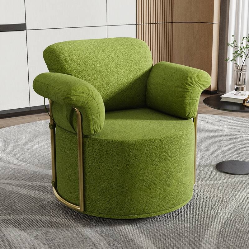360 Degree Barrel Swivel Fluffy Fabric Lounge Wide Upholstered Reading Chair with Gold Metal Legs
