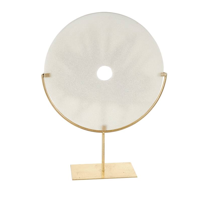 Gold Polystone Round Disk Leaf Decorative Sculpture with Center Cutout and Gold Base