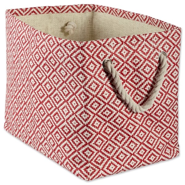 15" Rust Red and Ivory Medium Rectangular Bin with Rope Handles - N/A