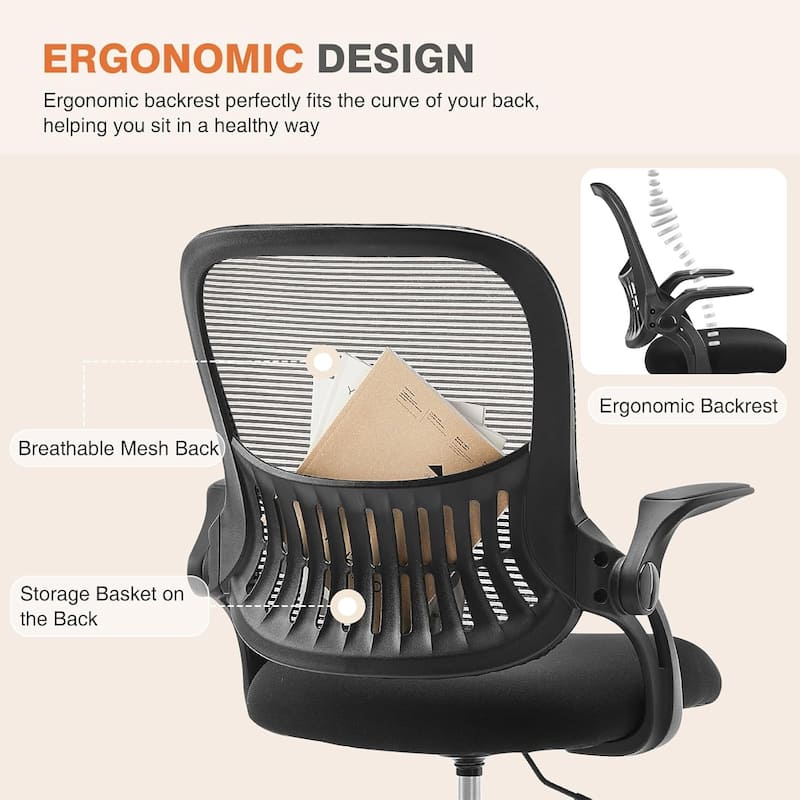 Office Computer Desk Chair, Ergonomic Mid-Back Mesh Rolling Swivel Task Chairs, Comfortable Lumbar Support, Comfy Flip-up Arms