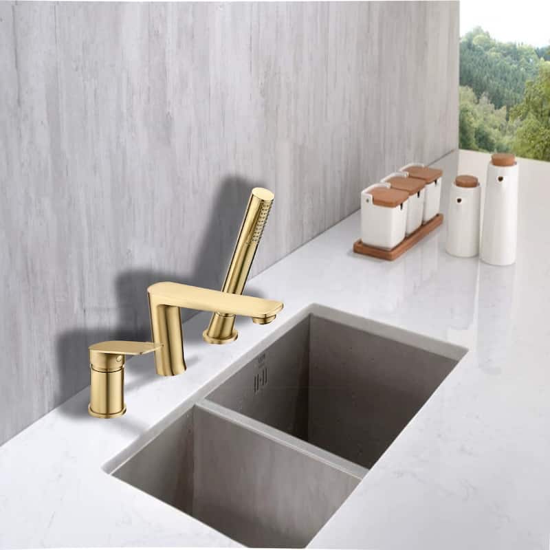 Single Handle Deck Mounted Roman Tub Faucet with Pull-Out Handheld Shower in Matte Black