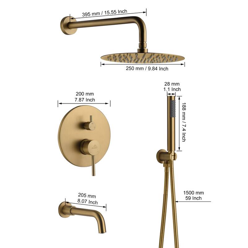 1-Spray Pattern Round 10-inch Wall Mount Shower System with Tub Faucet