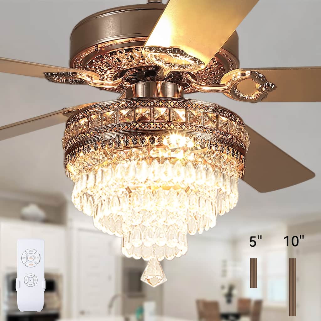 52"/62" Modern Crystal Chandelier Ceiling Fan Light,Reversible Airflow,E12 Bulbs,for Living Room Bedroom,Kitchen,Patio