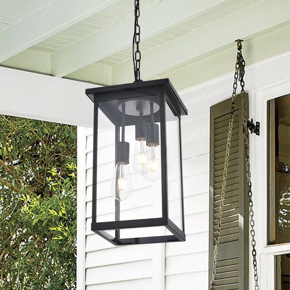 Black Outdoor Pendant Light Fixture, Exterior Chandelier Hanging Lantern for Front Porch, Anti-Rust Waterproof