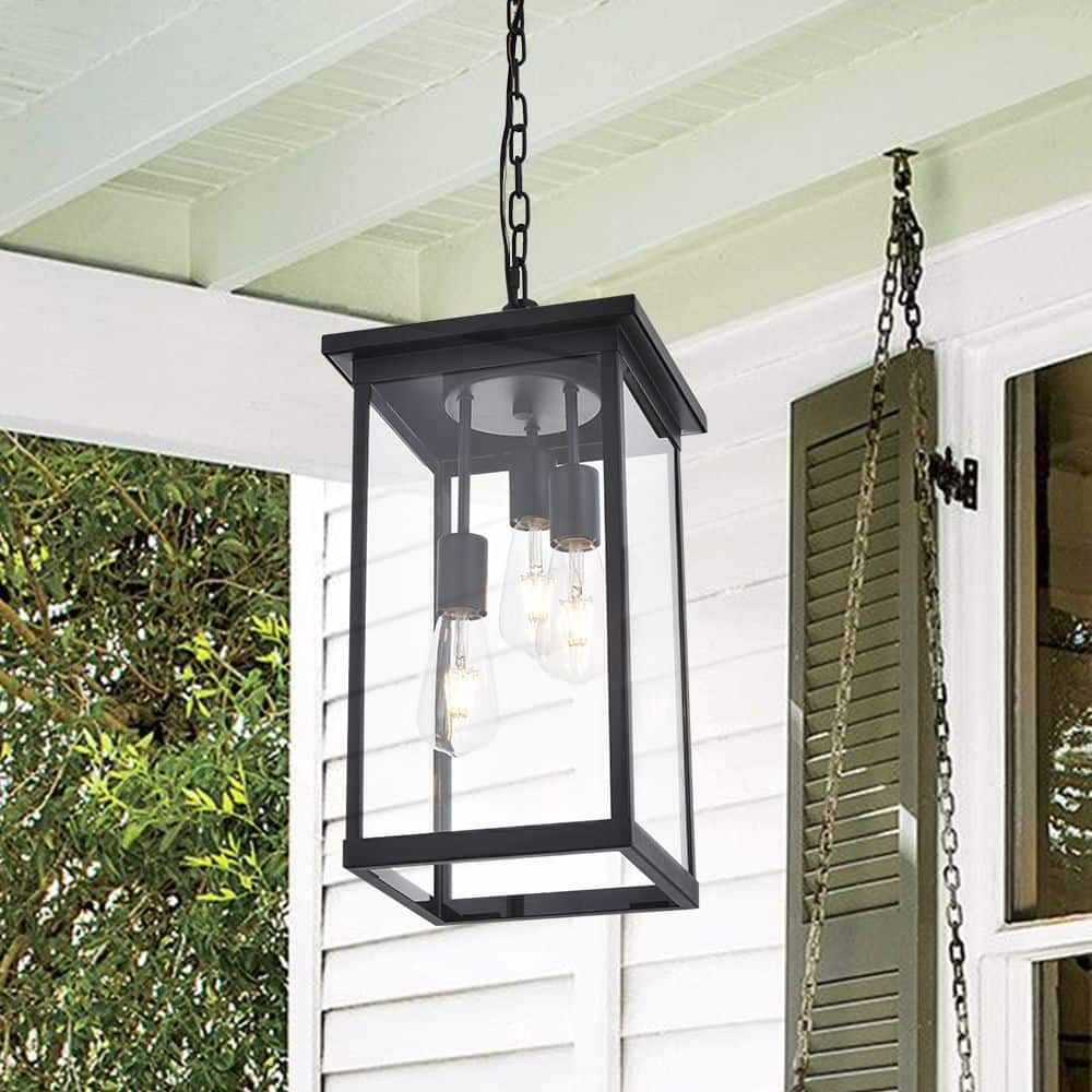 Black Outdoor Pendant Light Fixture, Exterior Chandelier Hanging Lantern for Front Porch, Anti-Rust Waterproof