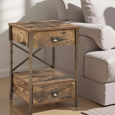 VECELO Vintage End Table with X-Back Bronze Frame 15.7" LW Antique Brown Double Drawer Nightstand for Bedroom Living Room