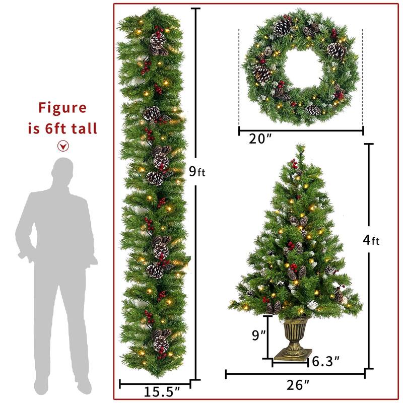 4 Pcs Artificial Christmas Set, Garland, Wreath and Set of 2 Entrance Trees X-mas with LED Lights - N/A