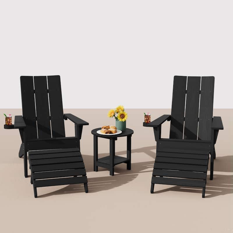 Winsoon 5-Piece All Weather HIPS Outdoor Adirondack Chair Set with Cup Holder, 2 Ottomans and 1 Side Table