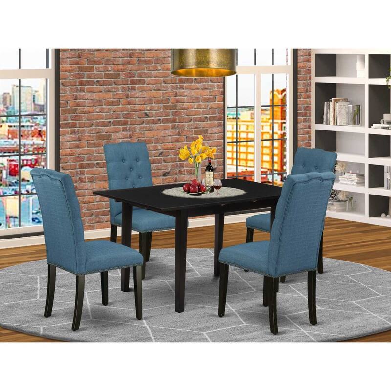HomeStock 5-Pc Black Solid Wood Top-Rectangular Button Tufted Upholstered Dining Room Set with Butterfly Leaf-Seats 4