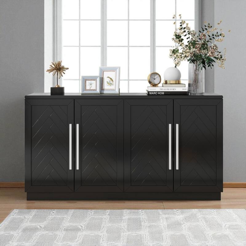 60" Buffet Sideboard Cabinet with Adjustable Shelves and Silver Handles, Storage Console for Kitchen or Dining Room - Black