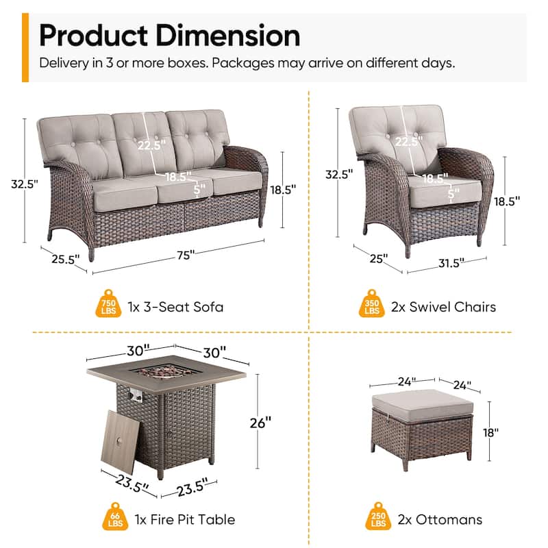 Pocassy Ooutdoor Fire Pit Table with Sofa Patio Chair Ottoman Set