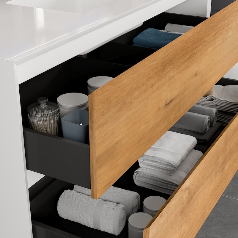 Eviva Vienna 48"W x 21"D Oak Wall Mount Bathroom Vanity with White Acrylic Countertop and Integrated Sink