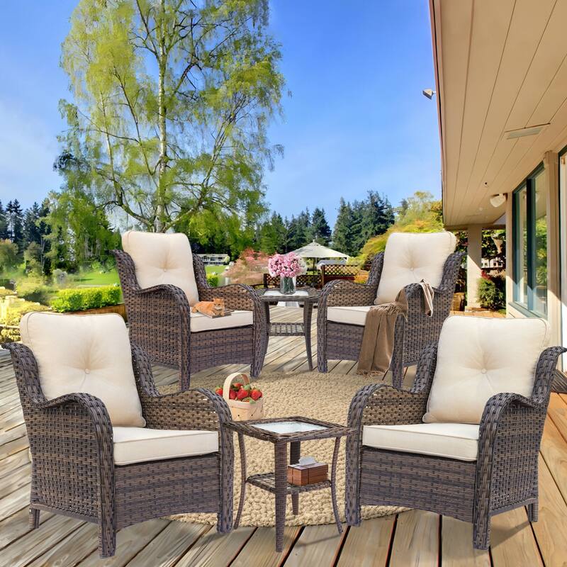 Brown Wicker Outdoor Patio Conversation Seating Sets with Beige Cushions - 4 Seats - Beige