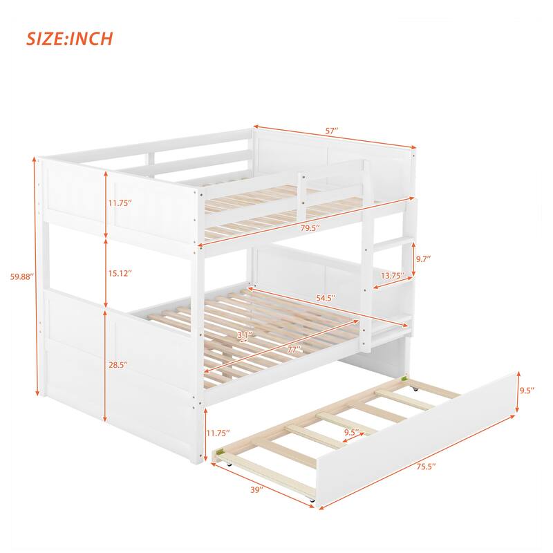 Bunk Bed For Kids Full-Over-Full Wood Bed Frame With Ladder & Trundle