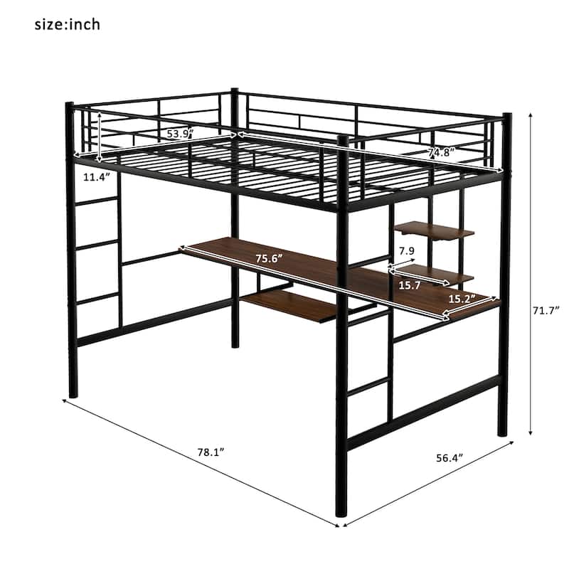 Full Size Metal Loft Bed with Desk and Shelf , Space Saving Design for Kids, Bedroom