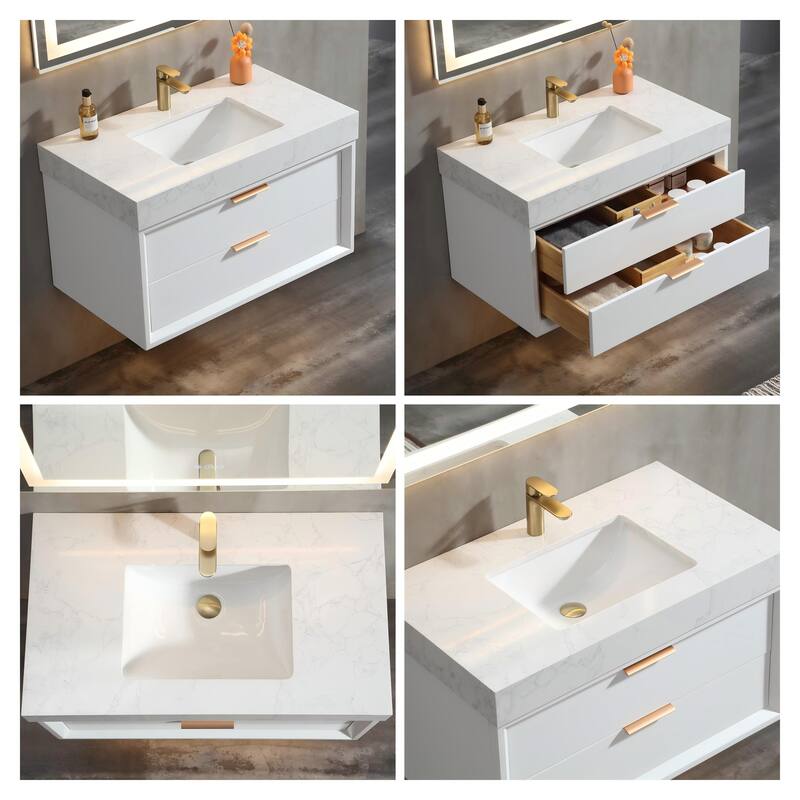 36/48/60 Modern Floating Bathroom Vanity with Sinle/Double Sink & Soft-Close Drawers & LED Lighting & Waterproof, White