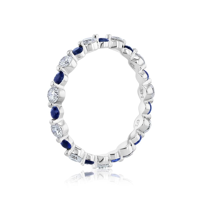 Kobelli Blue Sapphire & White Diamond 14k Gold Alternating Stackable Bead Prong Eternity Ring