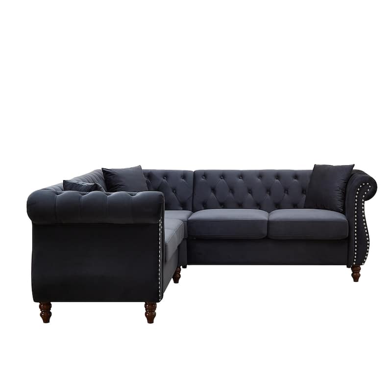 5-Seater Velvet L-Shaped Sectional Sofa with 3 Pillows and Wood Frame
