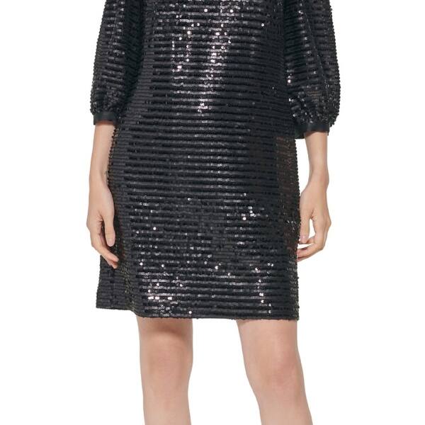 Karl Lagerfeld Paris Women's Sequined Puff Sleeve Sheath Dress Black