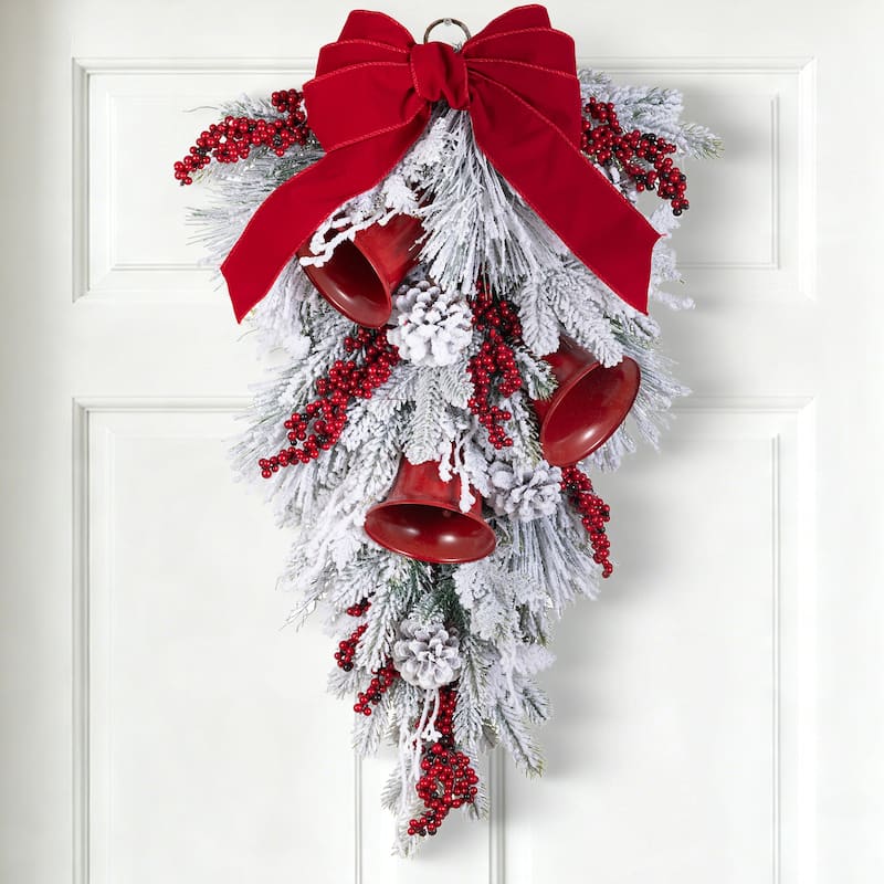 Glitzhome Christmas Berry Bow Pinecone Bell Holy Leaf Teardrop Swag Xmas Wreath