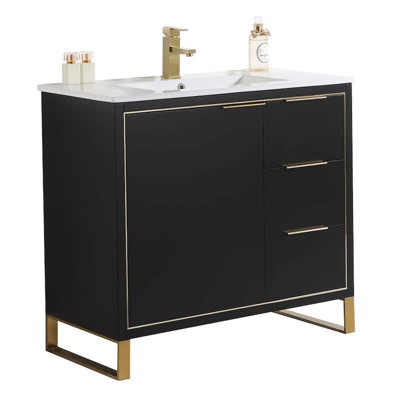 Fine Fixtures Opulence Collection Bathroom Vanity with White Ceramic Sink - 36 Inch - Black Matte - Satin Brass Hardware