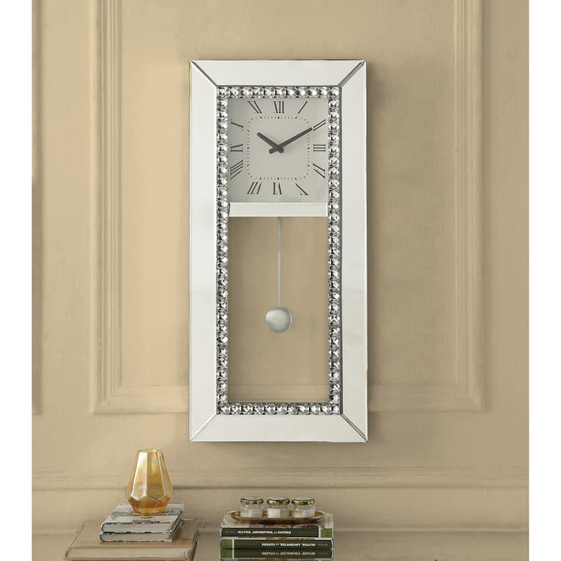 Rectangular Wall Clock Mirrored with Pendulum and Roman Numerals Bed